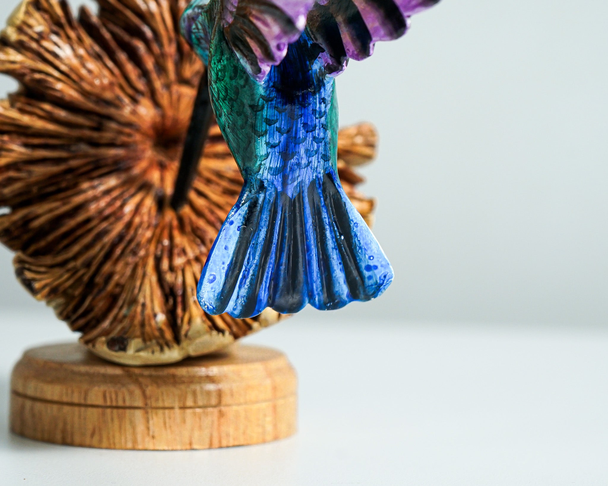Blue Hummingbird Sculpture 4.1in Tall Hand-Painted Colorful Wood Bird Art