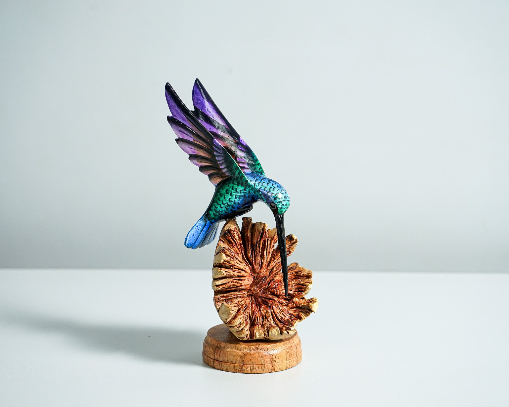 Green Hummingbird Statue, Painted Sculpture, Wood Carving Figure, Bird Statue, Handcrafted, Colibri, Table Decor, Grandma Gift, Gift for Her