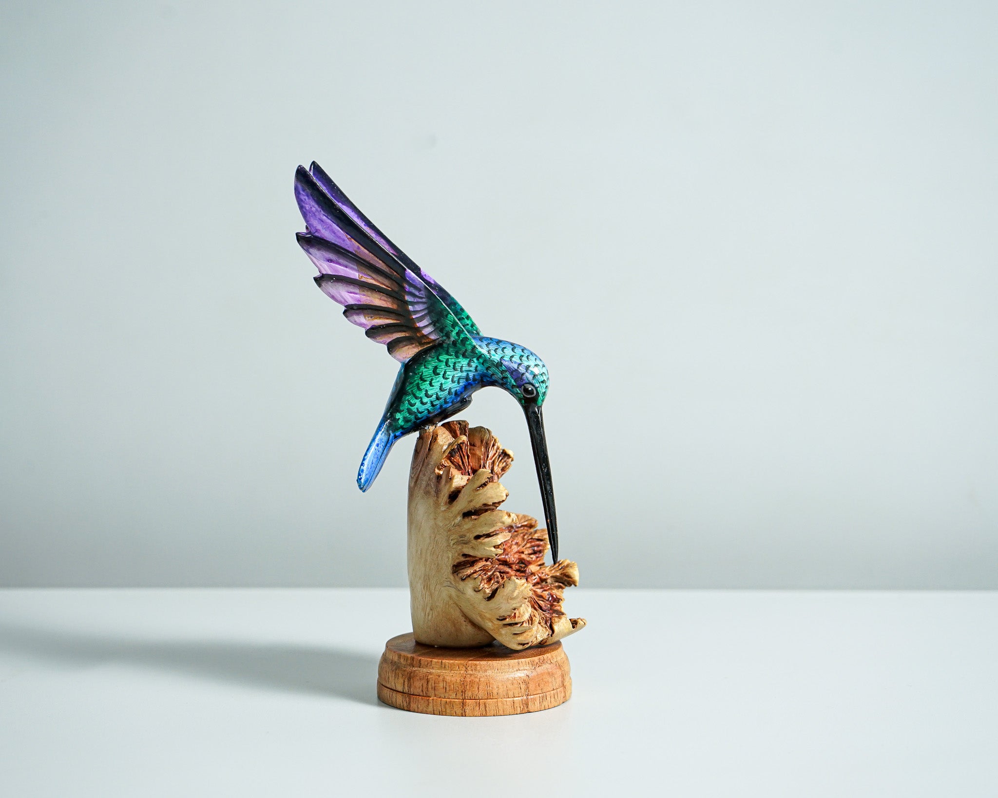 Green Hummingbird Statue, Painted Sculpture, Wood Carving Figure, Bird Statue, Handcrafted, Colibri, Table Decor, Grandma Gift, Gift for Her