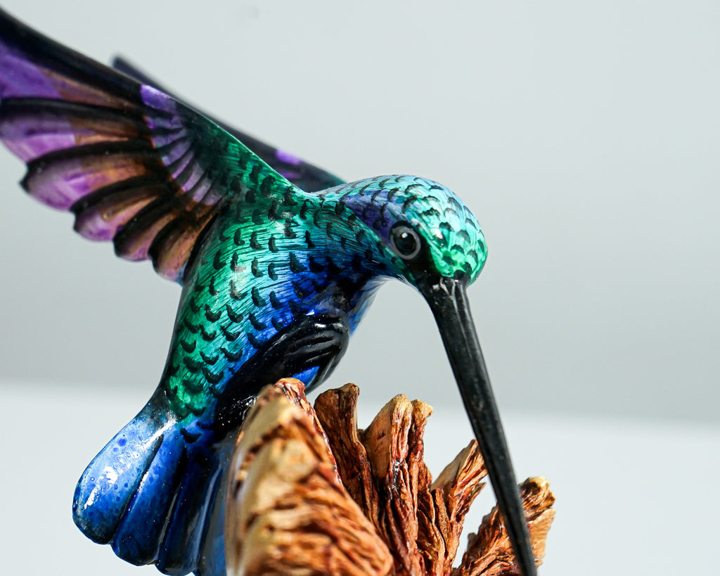 Green Hummingbird Statue, Painted Sculpture, Wood Carving Figure, Bird Statue, Handcrafted, Colibri, Table Decor, Grandma Gift, Gift for Her