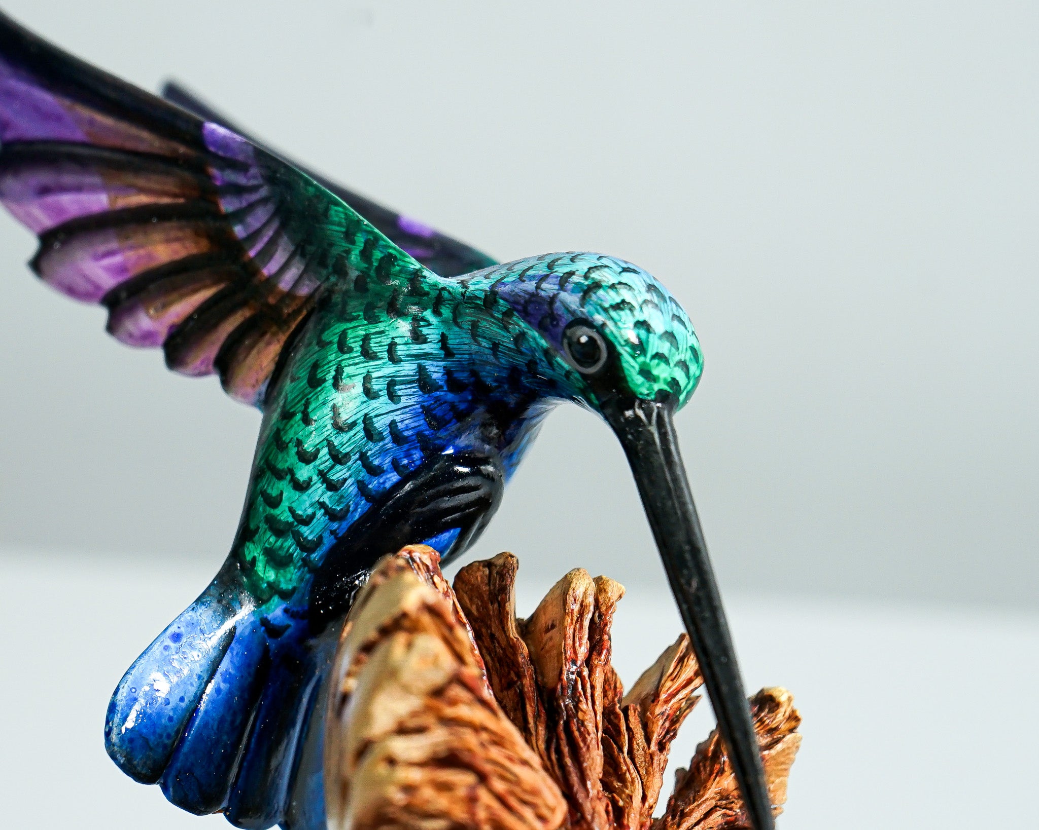 Green Hummingbird Statue, Painted Sculpture, Wood Carving Figure, Bird Statue, Handcrafted, Colibri, Table Decor, Grandma Gift, Gift for Her