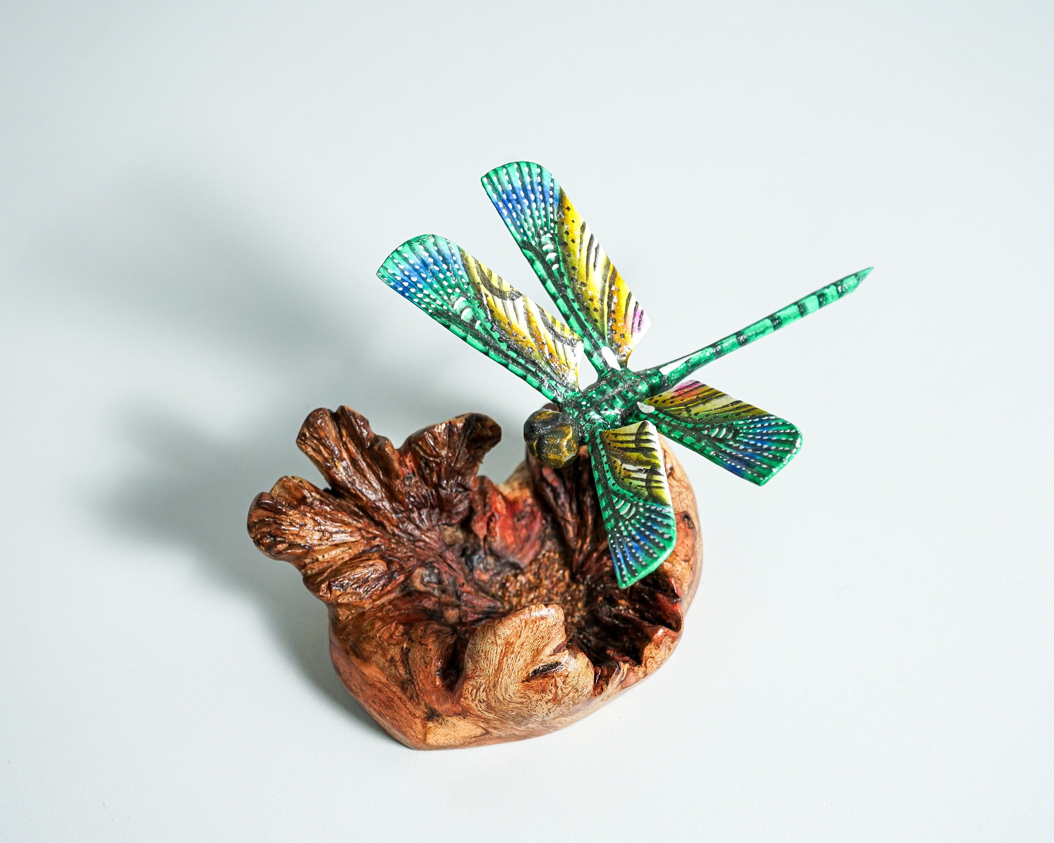 Dragonfly on flower, Colored dragonfly, Green dragonfly statue, Tropical decoration, Wood Figurine, Office Decor, Birthday, Gift for Mother