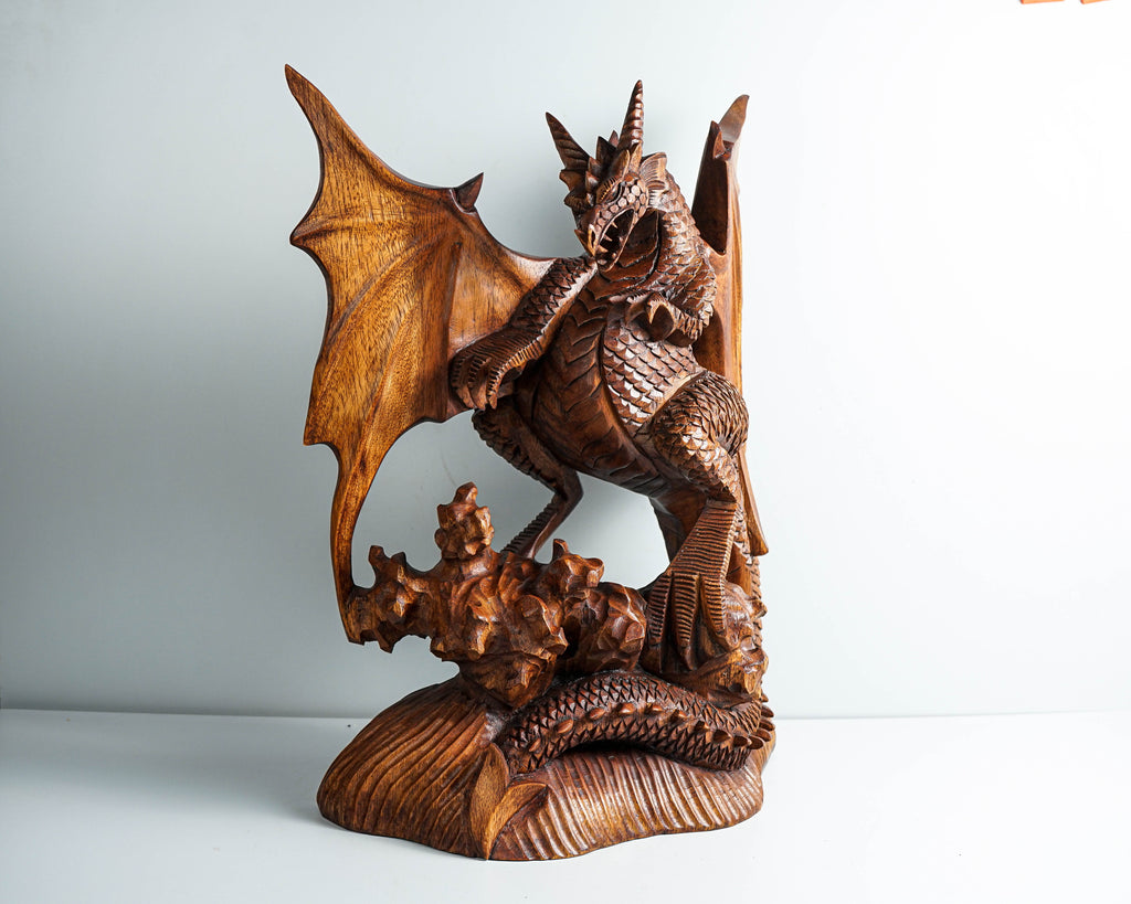 Large Dragon Statue, 17" Wooden Sculpture, Wing, Art, Mystical Animal, Handmade Dragon, Art, Family Decor, Office Decor, Memorial Gift