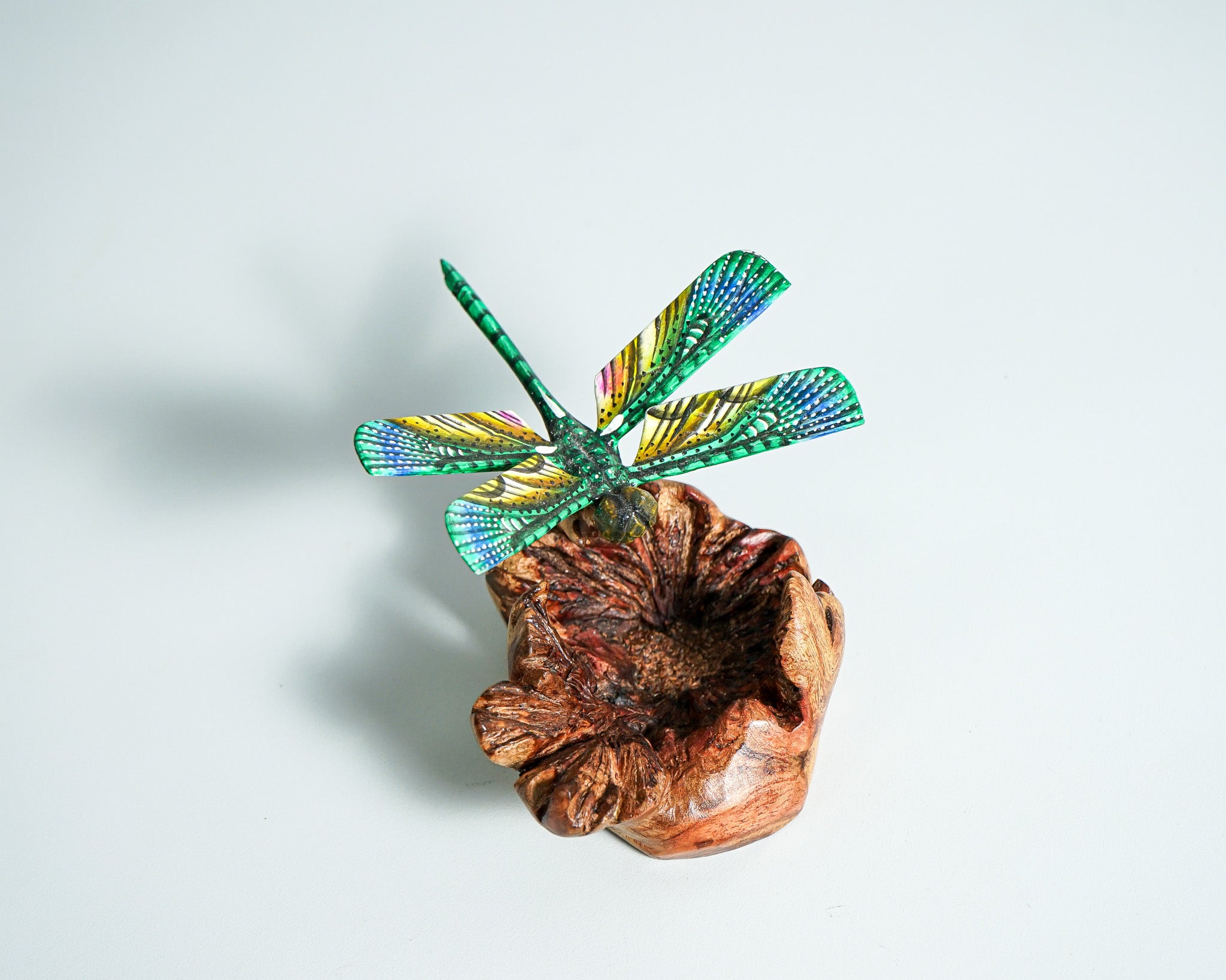 Dragonfly on flower, Colored dragonfly, Green dragonfly statue, Tropical decoration, Wood Figurine, Office Decor, Birthday, Gift for Mother