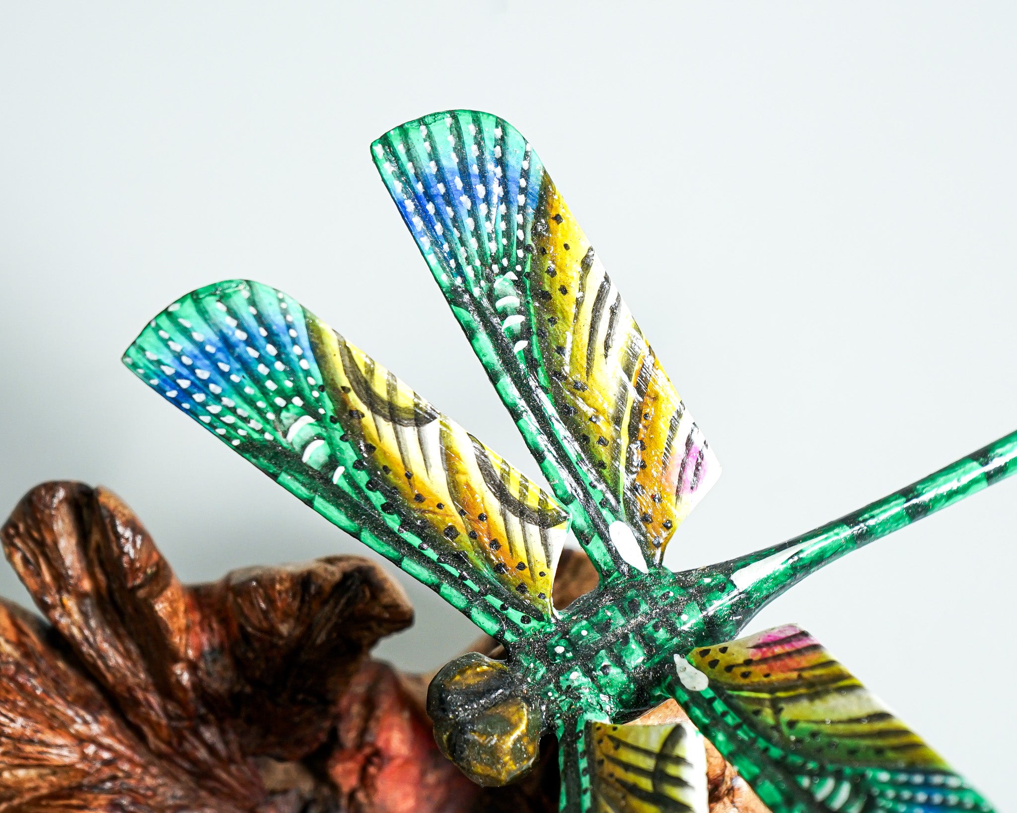 Dragonfly on flower, Colored dragonfly, Green dragonfly statue, Tropical decoration, Wood Figurine, Office Decor, Birthday, Gift for Mother