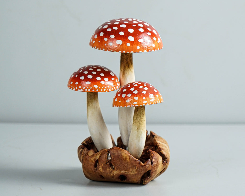 Red Mushroom Cluster Sculpture 5.5in Tall Hand-Painted on Unique Wood