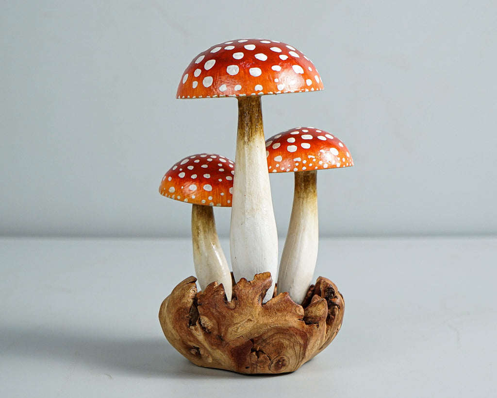 Red Mushroom Cluster Sculpture 5.5in Tall Hand-Painted on Unique Wood