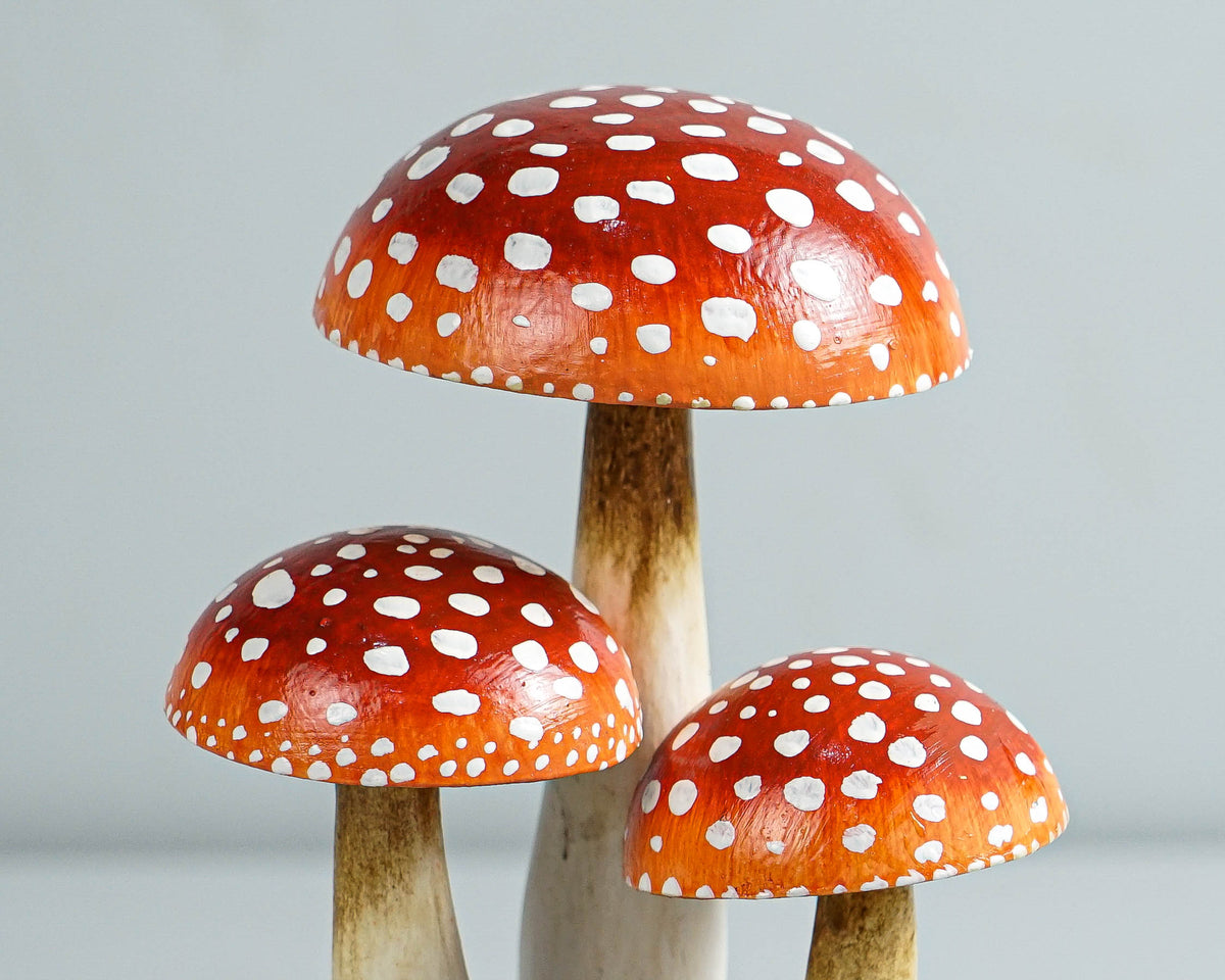 Red Mushroom Cluster Sculpture 5.5in Tall Hand-Painted on Unique Wood