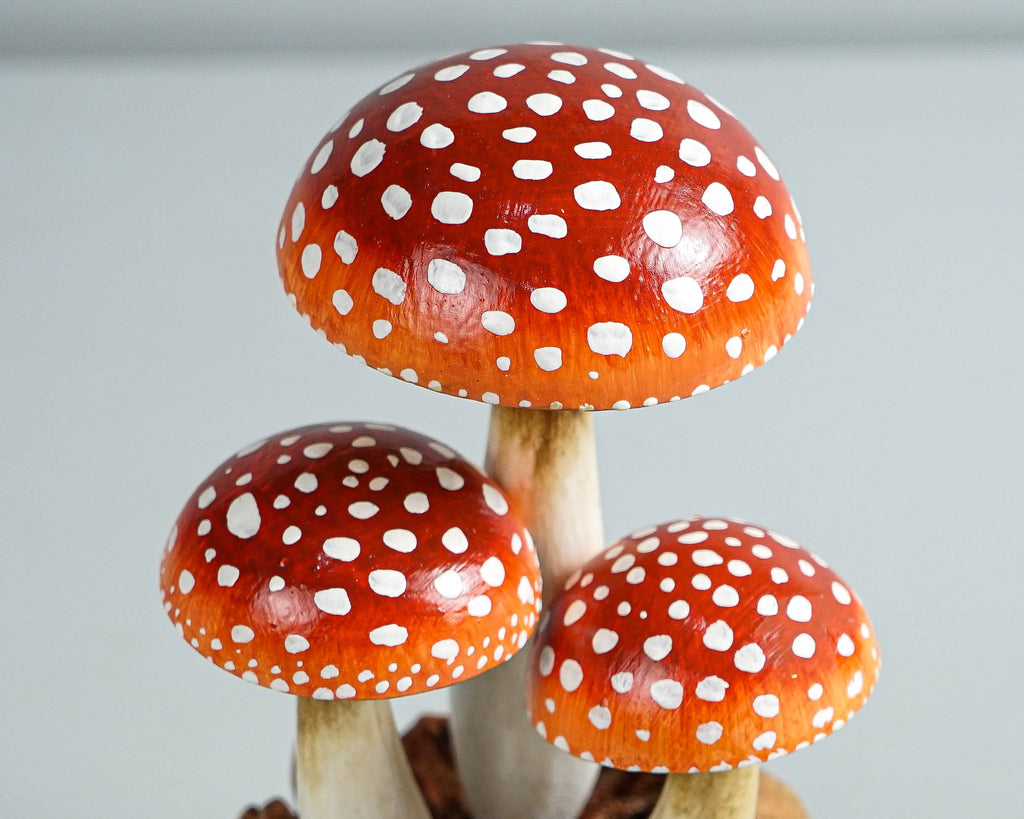 Red Mushroom Cluster Sculpture 5.5in Tall Hand-Painted on Unique Wood