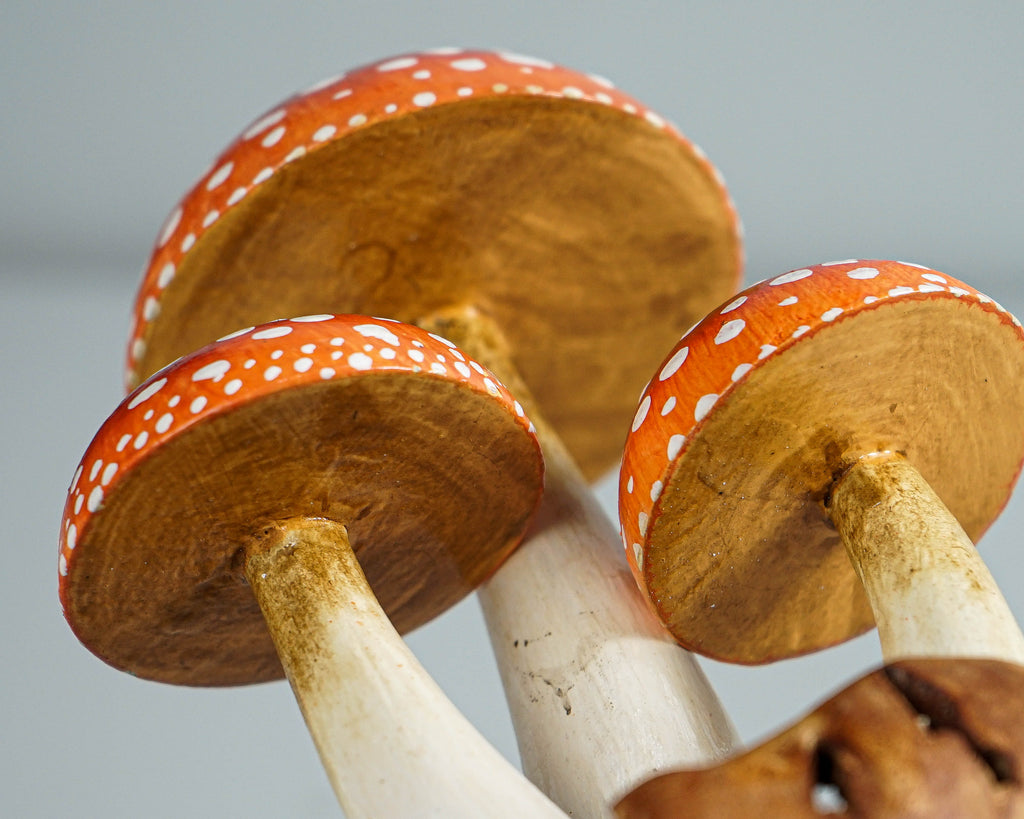Red Mushroom Cluster Sculpture 5.5in Tall Hand-Painted on Unique Wood