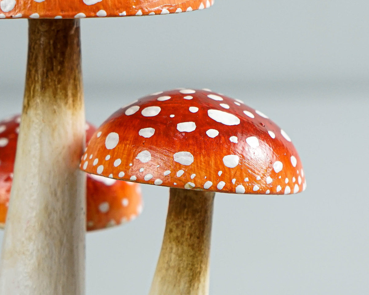 Red Mushroom Cluster Sculpture 5.5in Tall Hand-Painted on Unique Wood