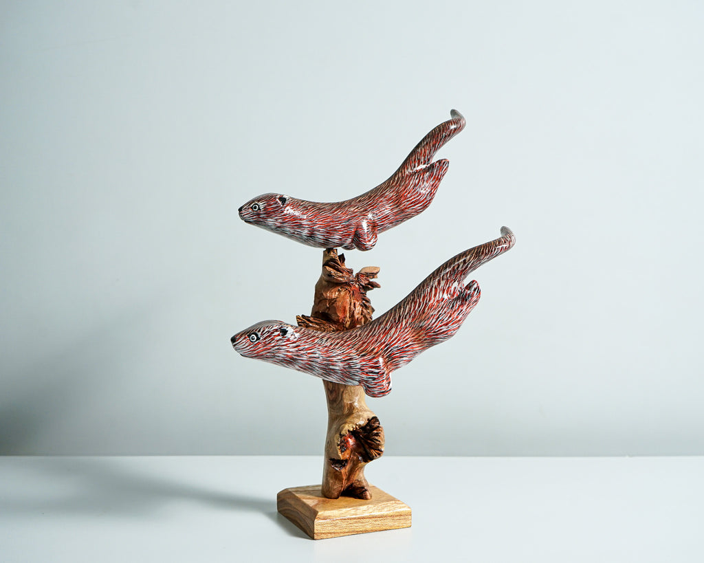 Wooden Couple Otter Sculpture, Cute Animal, Swimming, Natural, Wildlife, Handmade Statue, Wood Carving, Room Decor, Gift for Girlfriend
