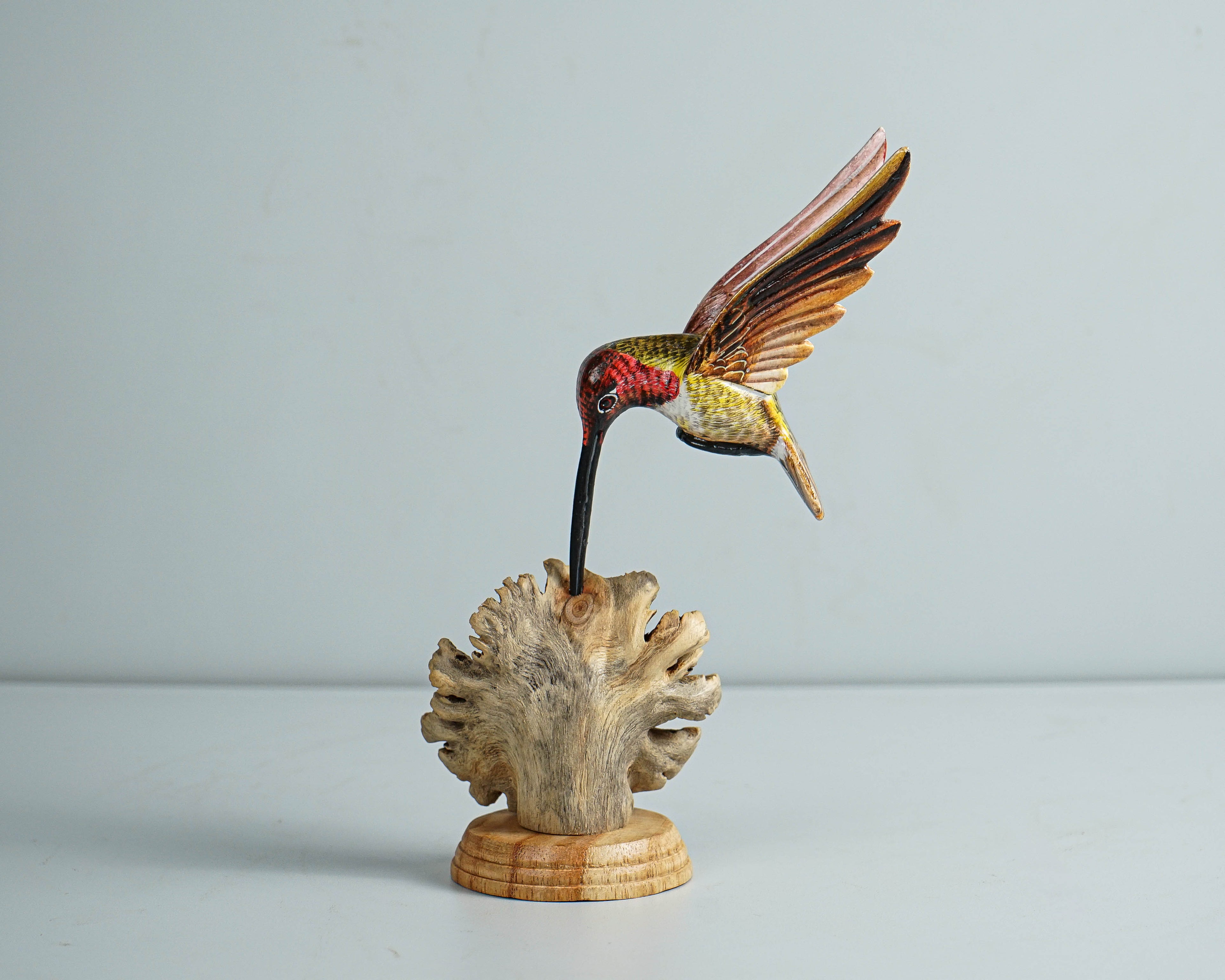 Colorful Hummingbird Statue, Painted Sculpture, Wood Carving Figure, Bird Statue, Colibri, Table Decor, Patio Decoration, Gift for Him