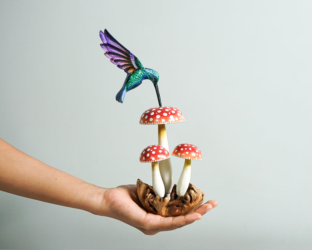 Green Hummingbird with Red Mushroom Sculpture, Wooden Art, Painted Statue, Wood Carving Figure, Colibri, Gift for Mother, Birthday Gift