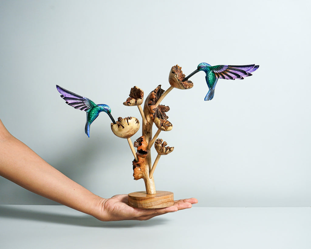 Couple Green Hummingbird Statue, Blue Bird, Painted Sculpture, Hand Painted, Artwork, Handmade Carving, Living Room Decor, Engagement Gift