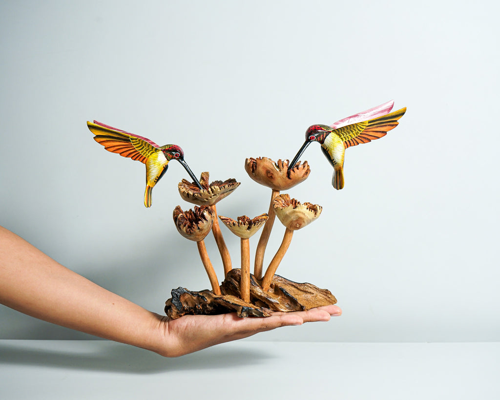 Colorful Hummingbird Statue, Couple, Painted Sculpture, Wood Carving Figure, Romantic, Bird Statue, Colibri, Unique Decor, Engagement Gift