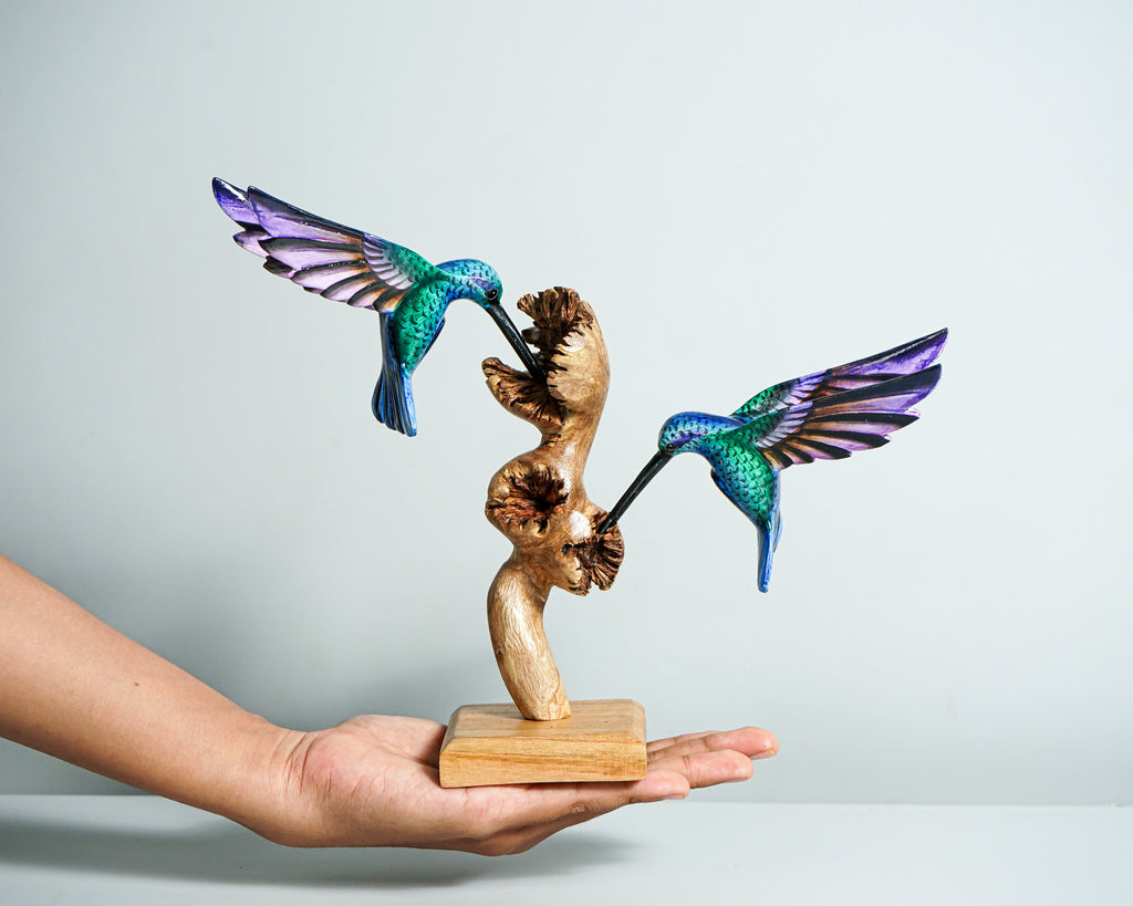 Couple Green Hummingbird Statue, Blue, Painted Sculpture, Wood Carving Figure, Bird Statue, Colibri, Couple Decor, Home Decor, Wedding Gift