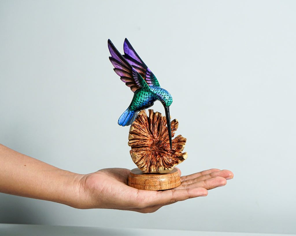 Green Hummingbird Statue, Painted Sculpture, Wood Carving Figure, Bird Statue, Handcrafted, Colibri, Table Decor, Grandma Gift, Gift for Her