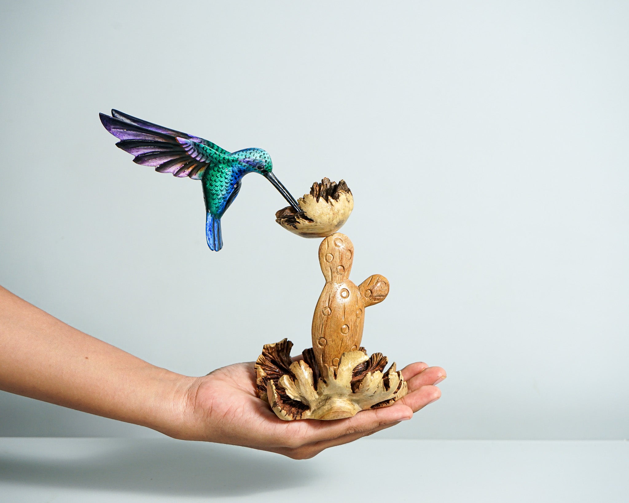 Colorful Hummingbird on Cactus Statue, Blue Bird, Painted Sculpture, Unique, Wood Carving Figure, Bird Statue, Table Decor, Gift for Mother