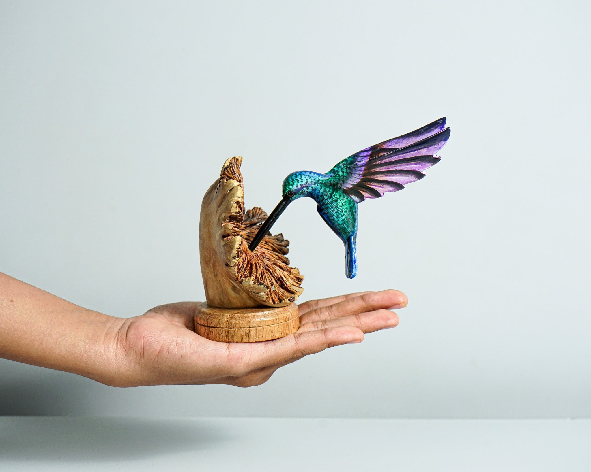Blue Hummingbird Sculpture 4.1in Tall Hand-Painted Colorful Wood Bird Art