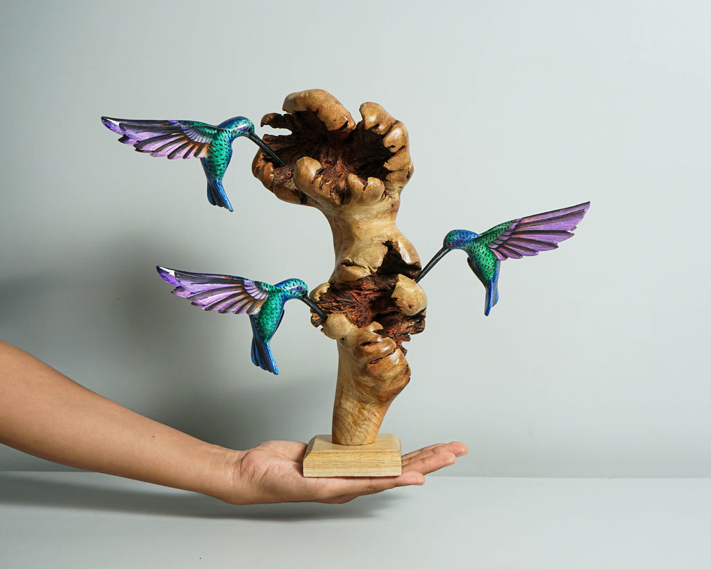 Three Hummingbirds Sculpture 10.4in Tall Hand Painted Wooden Bird Figurine Decor
