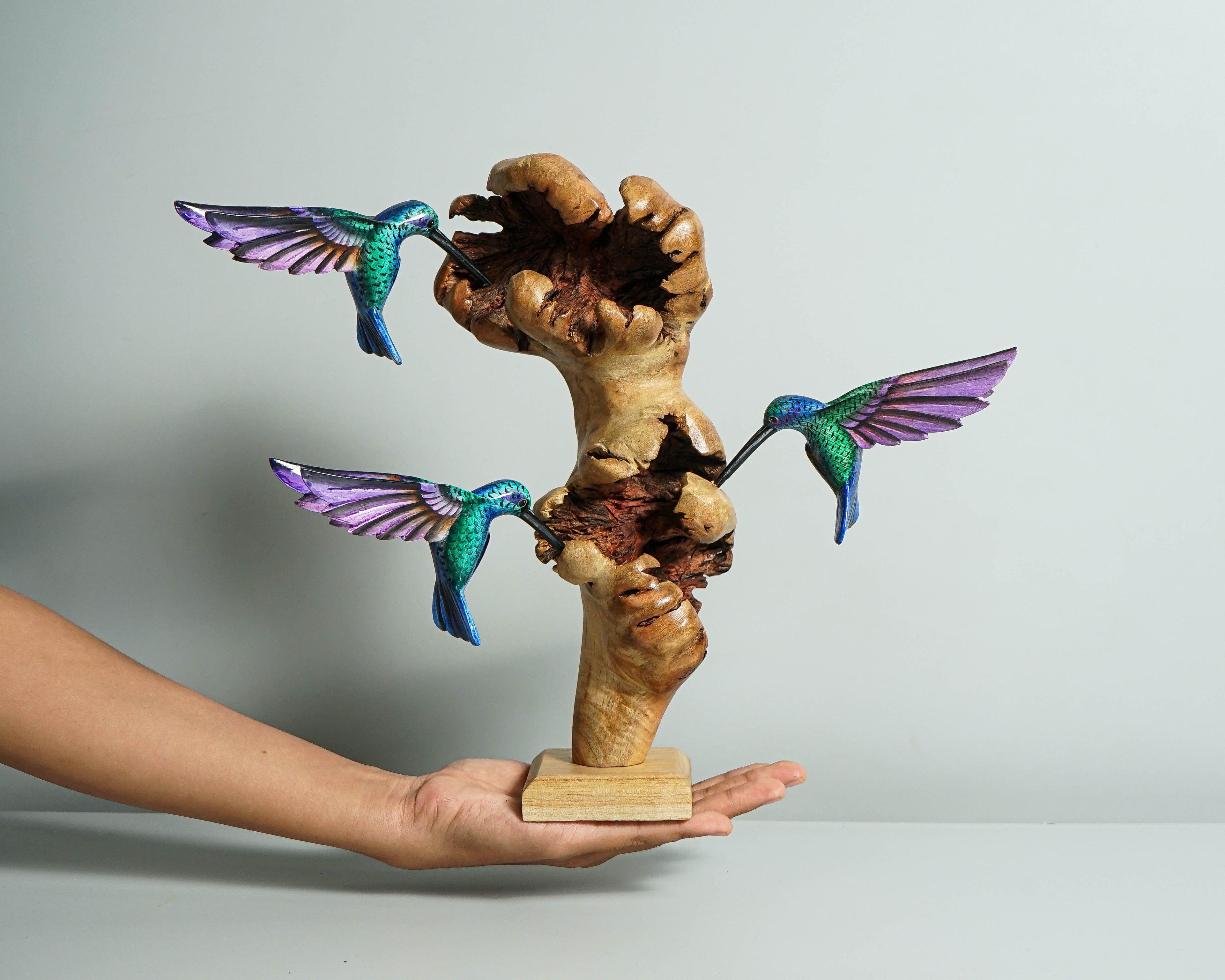 Three Hummingbirds Sculpture 10.4in Tall Hand Painted Wooden Bird Figurine Decor