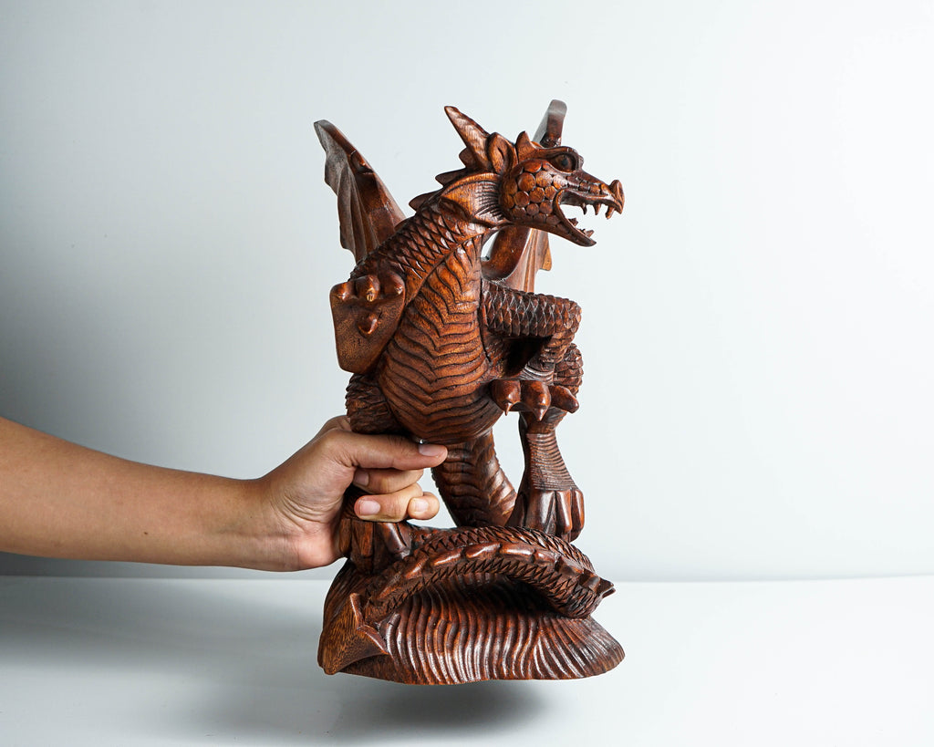 Dragon with Wings Statue, 12" Dragon Figurine, Mythology Animal, Art, Wood Carving, Fantasy, Office Decor, Gift For Brother, Birthday Gift