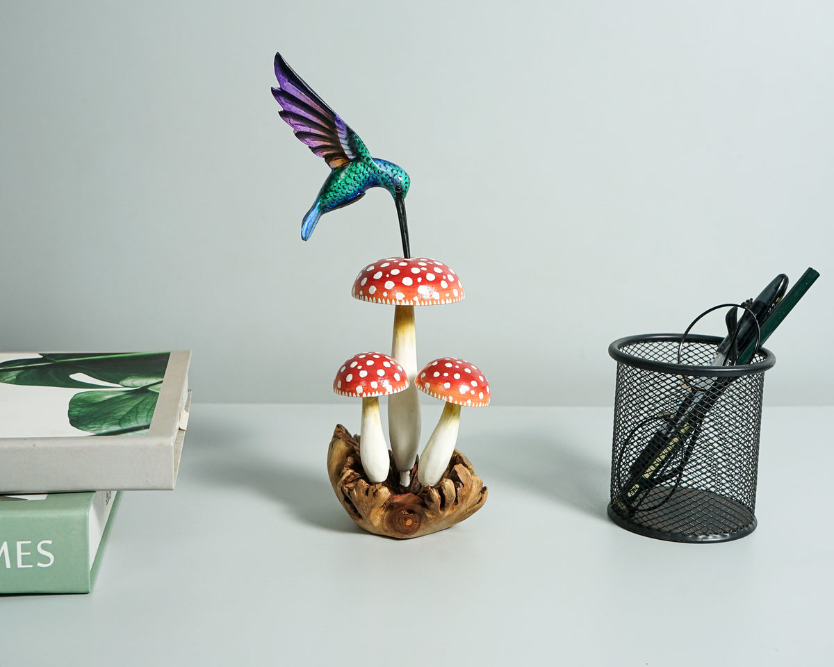 Green Hummingbird with Red Mushroom Sculpture, Wooden Art, Painted Statue, Wood Carving Figure, Colibri, Gift for Mother, Birthday Gift