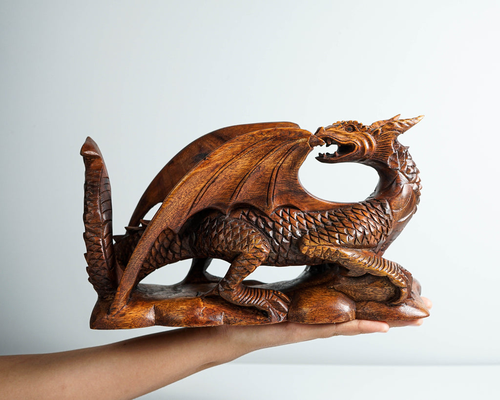 Dragon on Rock Figurine, Wooden Dragon, Mythology Animal, Winged Dragon, Table Decor, Gothic Decoration, Gift for Brother, Birthday Gift