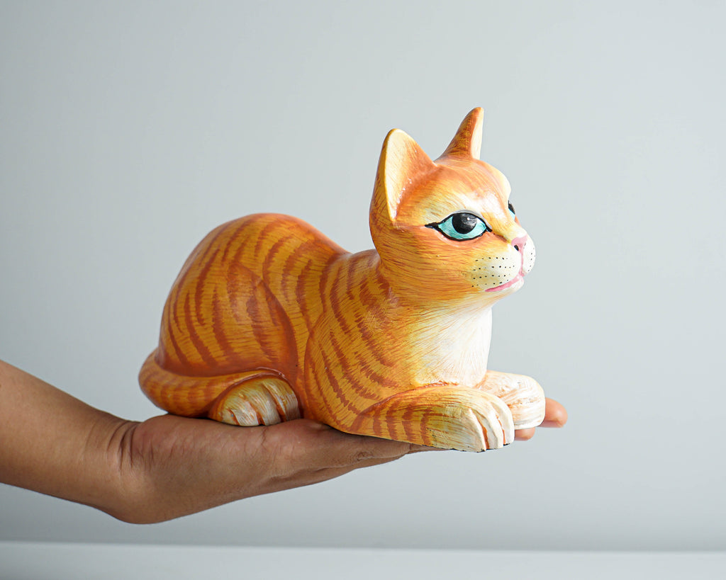 Painted Cat Statue, Wood Carving, Cat Figurine, Animal Ornament, Wooden Cat, Handmade, Colourfull Cat Statue, Table Home Decor, Grandma Gift