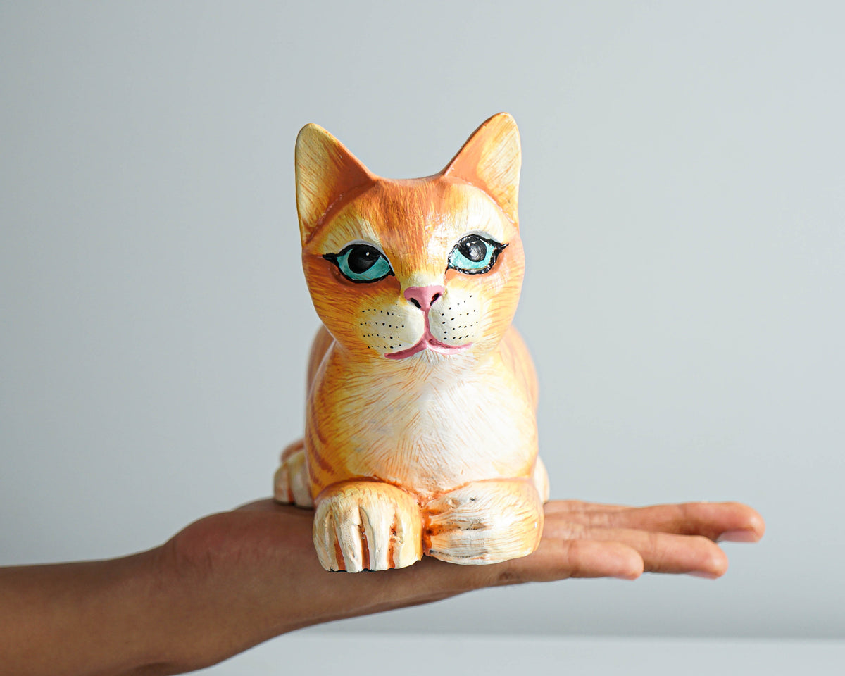 Painted Cat Statue, Wood Carving, Cat Figurine, Animal Ornament, Wooden Cat, Handmade, Colourfull Cat Statue, Table Home Decor, Grandma Gift