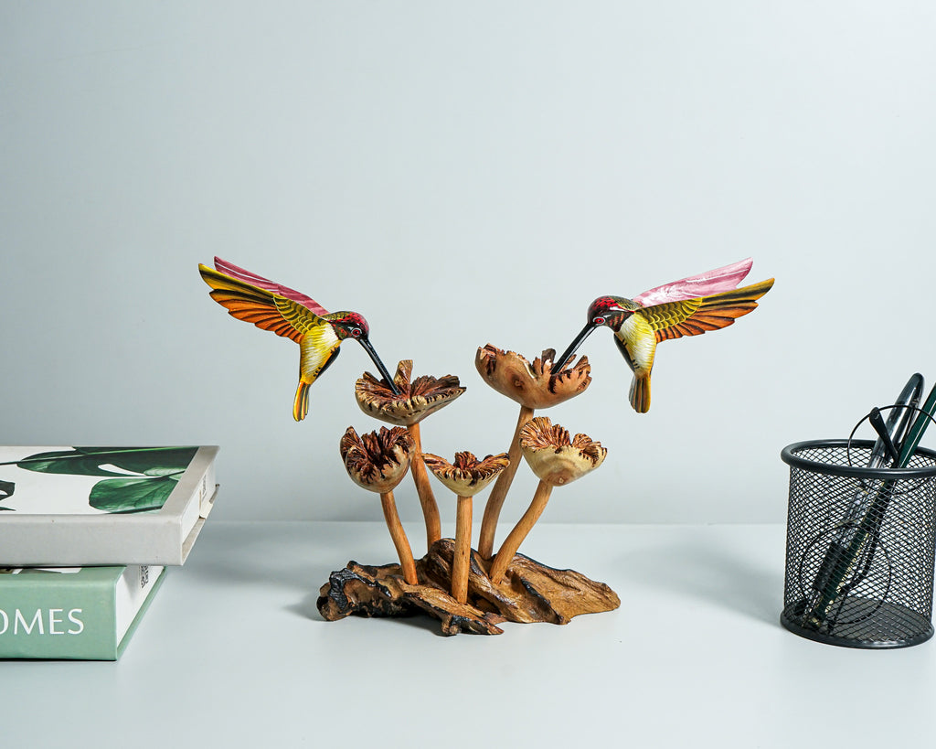 Colorful Hummingbird Statue, Couple, Painted Sculpture, Wood Carving Figure, Romantic, Bird Statue, Colibri, Unique Decor, Engagement Gift