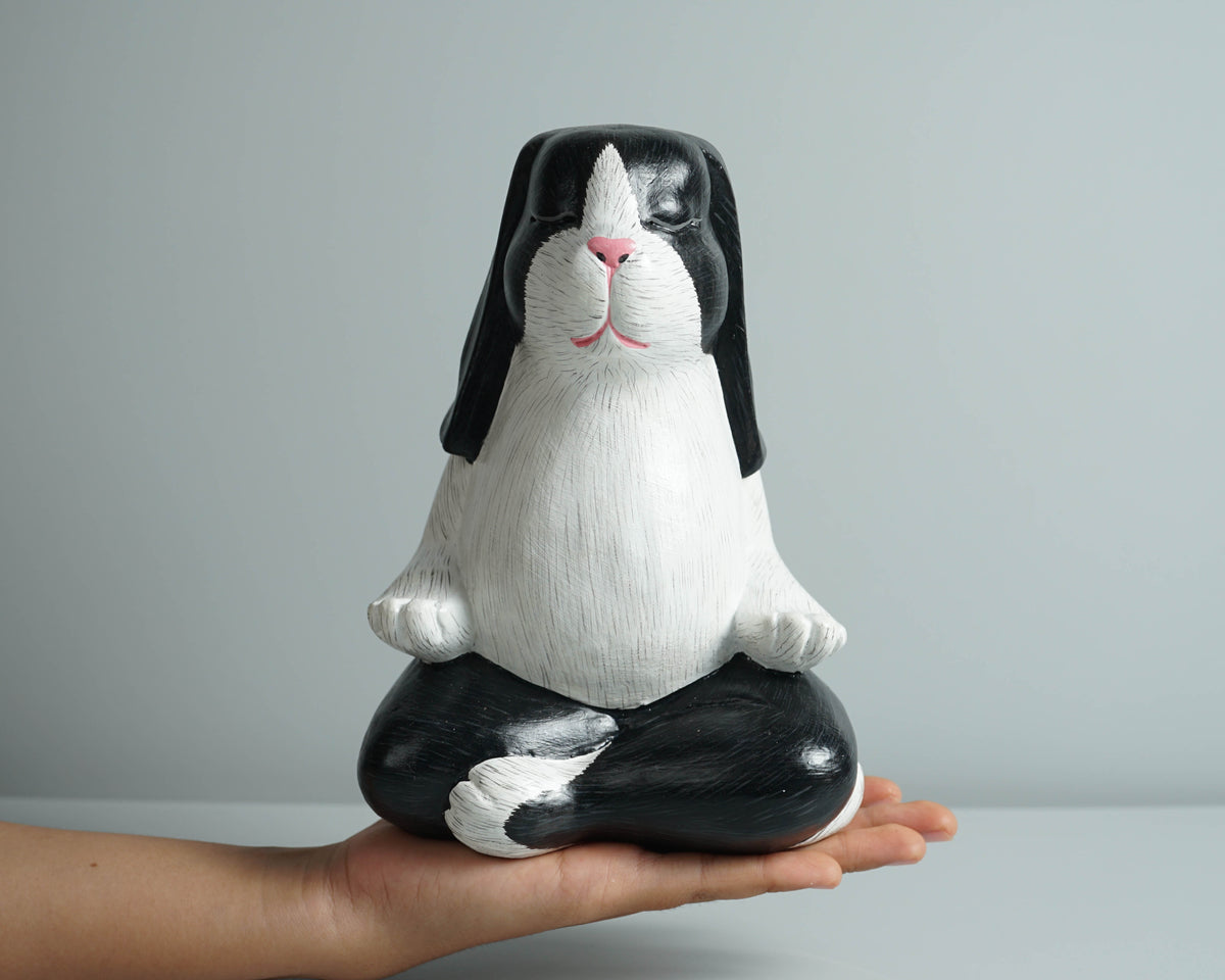 Praying Rabbit Statue, Black and White, Yoga Pose Statue, Painted Figurine, Handcrafted, Meditation, Living Room Decor, Memorial Gift