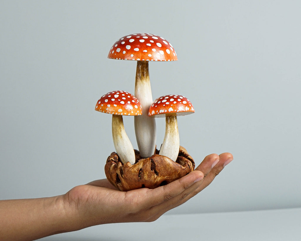 Red Mushroom Cluster Sculpture 5.5in Tall Hand-Painted on Unique Wood