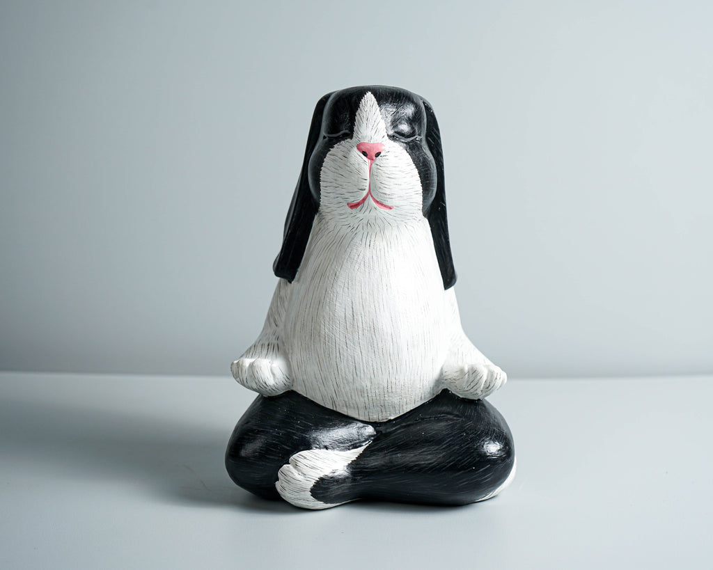 Praying Rabbit Statue, Black and White, Yoga Pose Statue, Painted Figurine, Handcrafted, Meditation, Living Room Decor, Memorial Gift