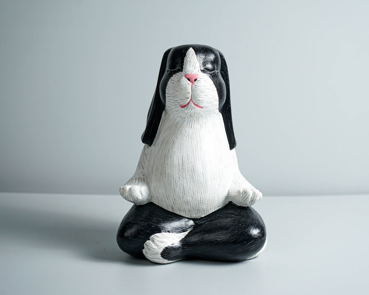 Praying Rabbit Statue, Black and White, Yoga Pose Statue, Painted Figurine, Handcrafted, Meditation, Living Room Decor, Memorial Gift