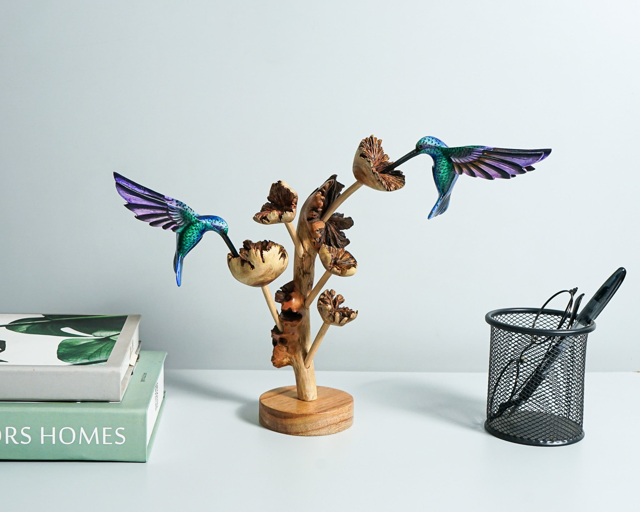 Couple Green Hummingbird Statue, Blue Bird, Painted Sculpture, Hand Painted, Artwork, Handmade Carving, Living Room Decor, Engagement Gift