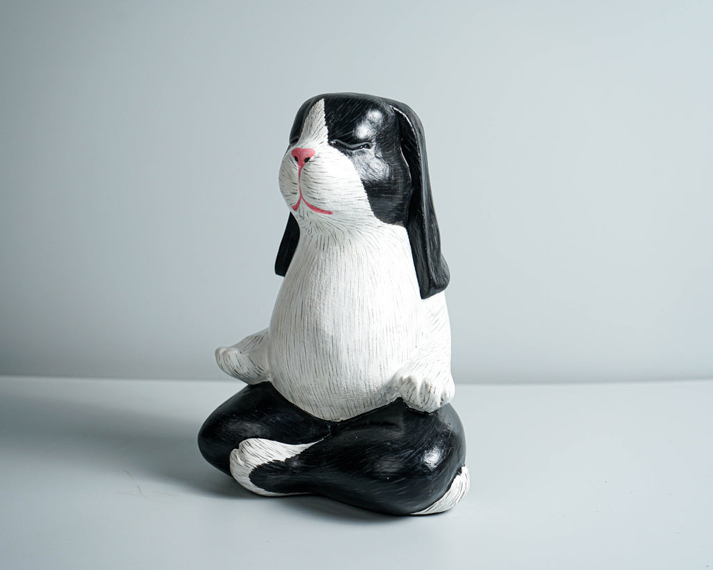 Praying Rabbit Statue, Black and White, Yoga Pose Statue, Painted Figurine, Handcrafted, Meditation, Living Room Decor, Memorial Gift