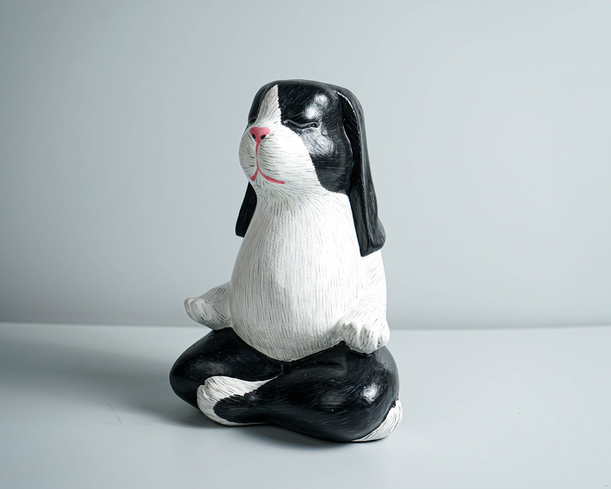 Praying Rabbit Statue, Black and White, Yoga Pose Statue, Painted Figurine, Handcrafted, Meditation, Living Room Decor, Memorial Gift