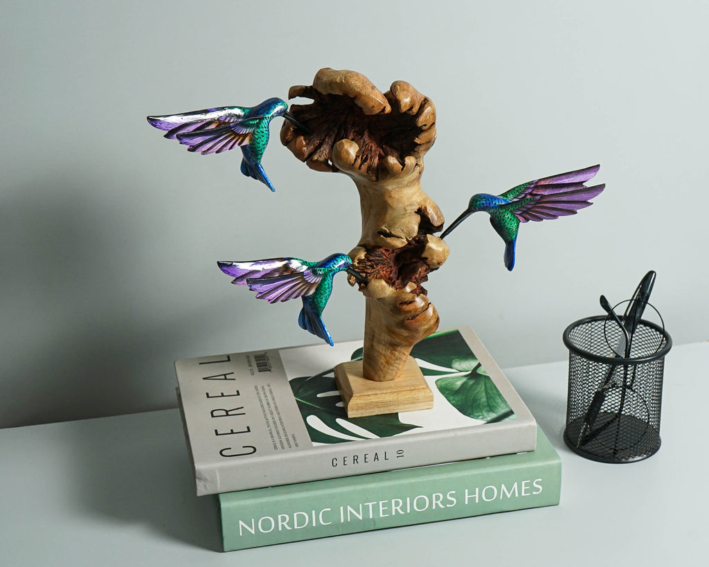 Three Hummingbirds Sculpture 10.4in Tall Hand Painted Wooden Bird Figurine Decor