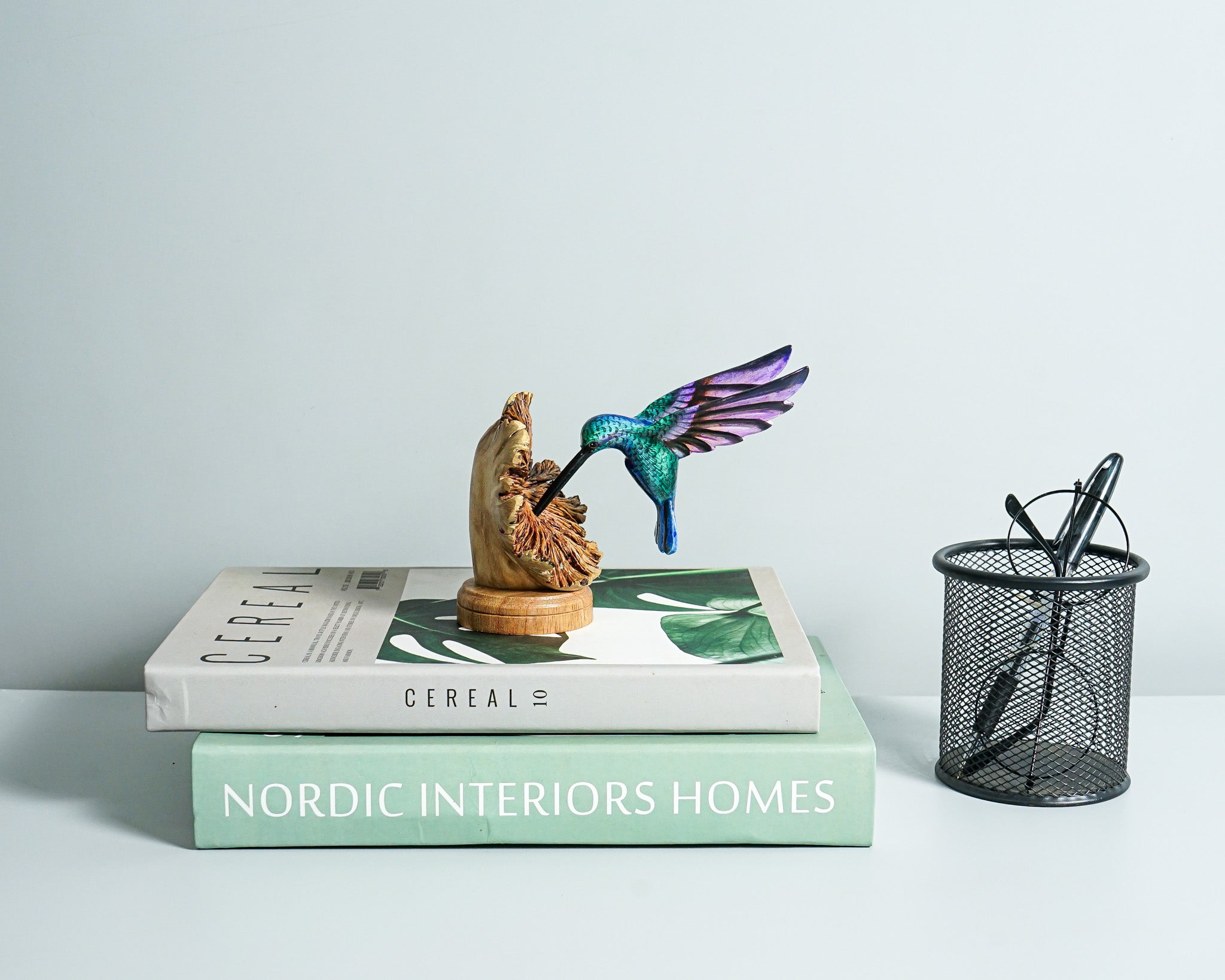Blue Hummingbird Sculpture 4.1in Tall Hand-Painted Colorful Wood Bird Art