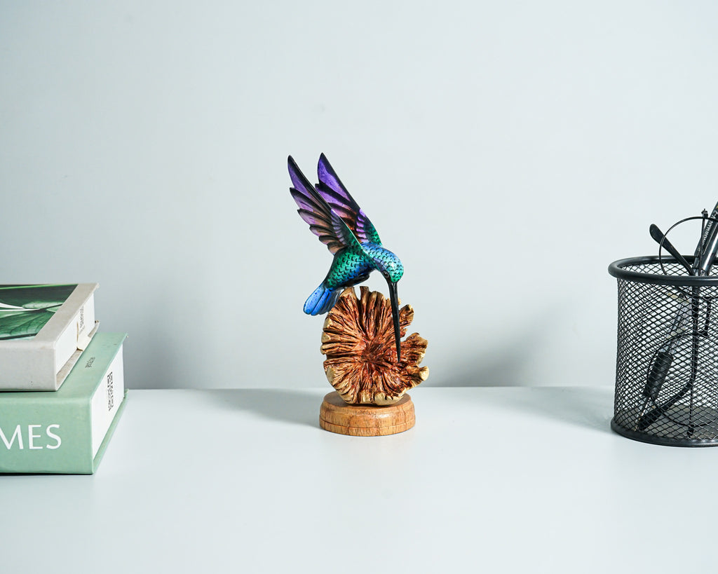 Green Hummingbird Statue, Painted Sculpture, Wood Carving Figure, Bird Statue, Handcrafted, Colibri, Table Decor, Grandma Gift, Gift for Her