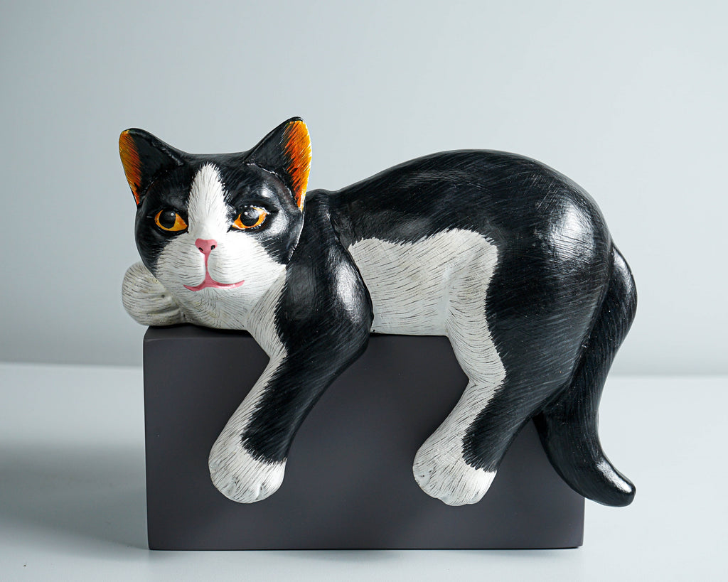 Black White Cat Figurine, Wood Carving, Beautiful Cat Statue, Unique Ornament, Painted Cat Figurine, Gift For Brother, Grandfather Gift