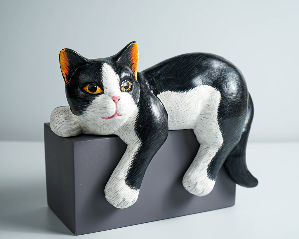 Black White Cat Figurine, Wood Carving, Beautiful Cat Statue, Unique Ornament, Painted Cat Figurine, Gift For Brother, Grandfather Gift