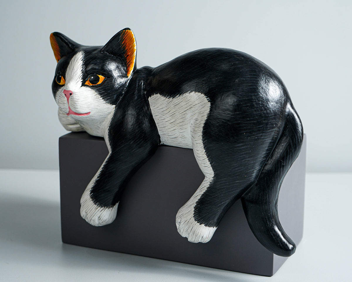 Black White Cat Figurine, Wood Carving, Beautiful Cat Statue, Unique Ornament, Painted Cat Figurine, Gift For Brother, Grandfather Gift