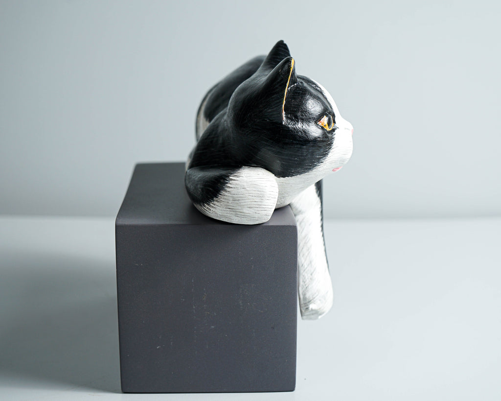 Black White Cat Figurine, Wood Carving, Beautiful Cat Statue, Unique Ornament, Painted Cat Figurine, Gift For Brother, Grandfather Gift