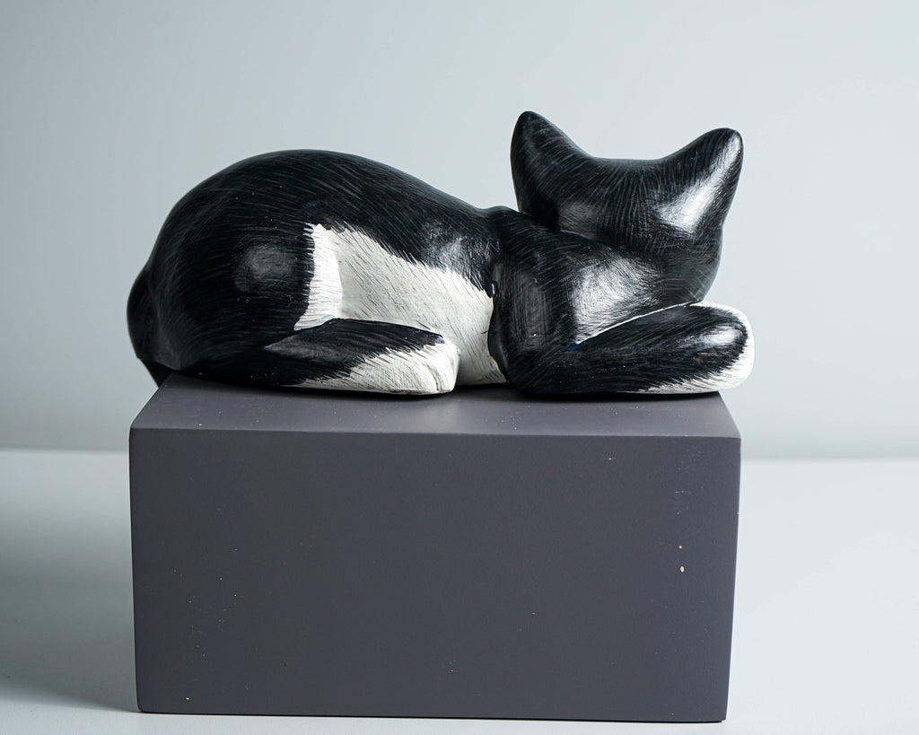Black White Cat Figurine, Wood Carving, Beautiful Cat Statue, Unique Ornament, Painted Cat Figurine, Gift For Brother, Grandfather Gift