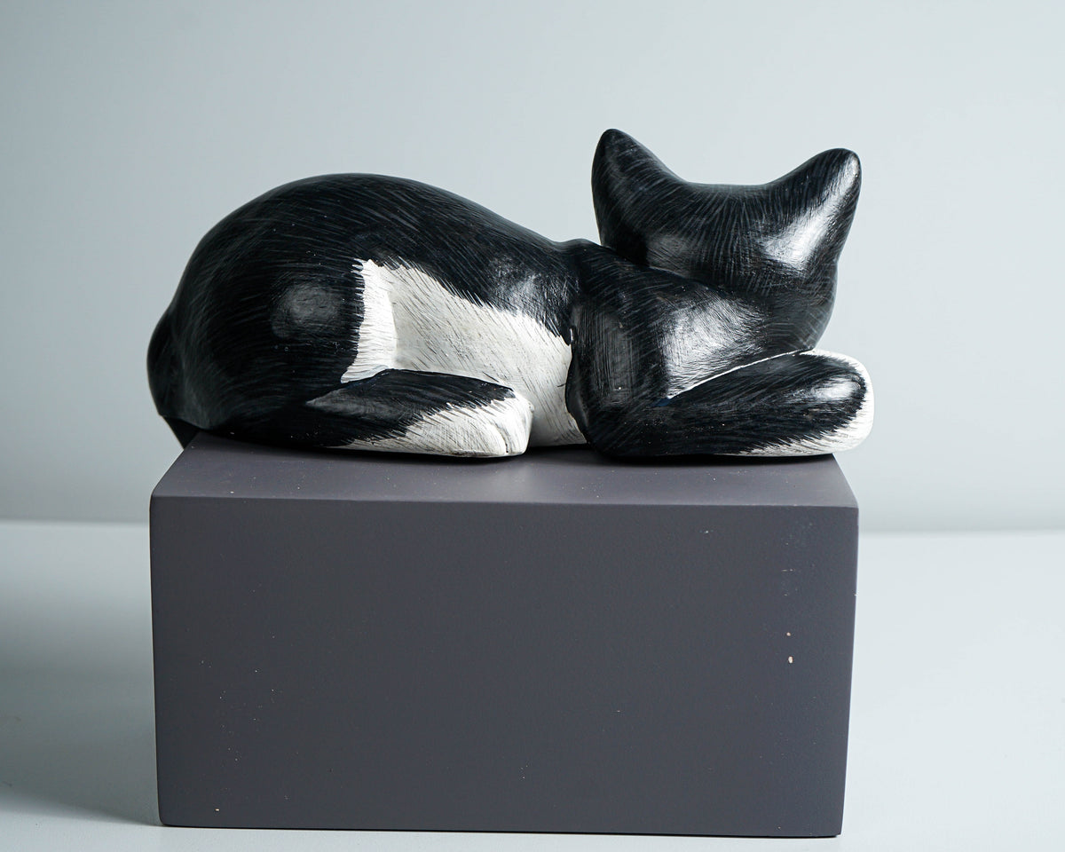 Black White Cat Figurine, Wood Carving, Beautiful Cat Statue, Unique Ornament, Painted Cat Figurine, Gift For Brother, Grandfather Gift