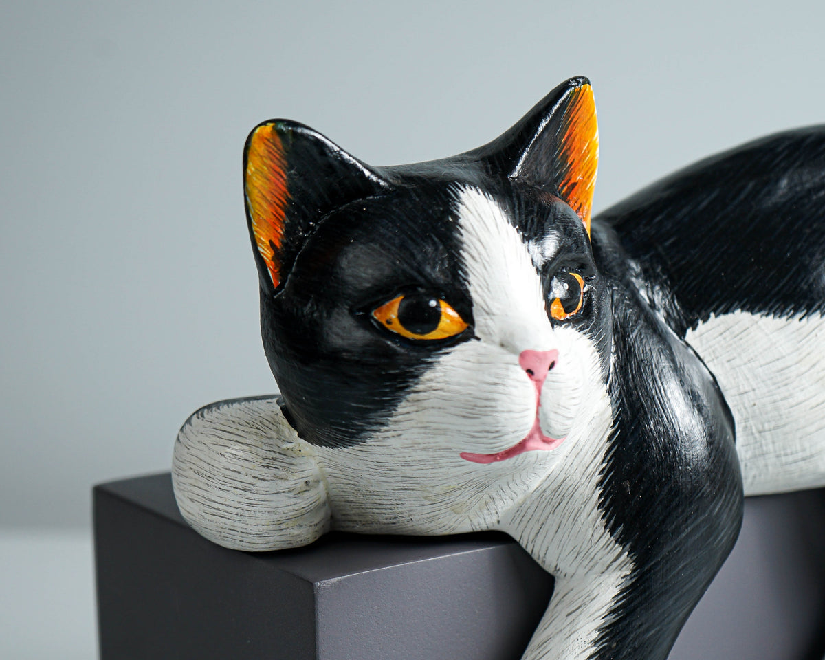 Black White Cat Figurine, Wood Carving, Beautiful Cat Statue, Unique Ornament, Painted Cat Figurine, Gift For Brother, Grandfather Gift