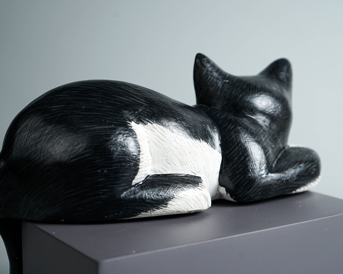 Black White Cat Figurine, Wood Carving, Beautiful Cat Statue, Unique Ornament, Painted Cat Figurine, Gift For Brother, Grandfather Gift